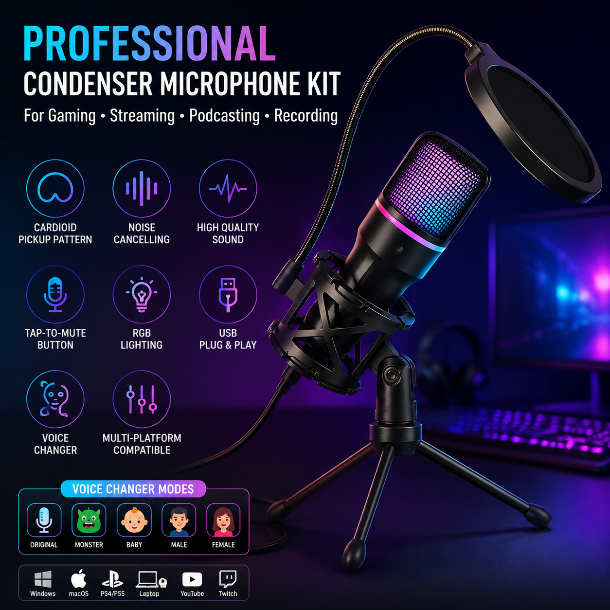 Pc Gaming Youtubers - Professional Condenser Microphone Kit with Tripod